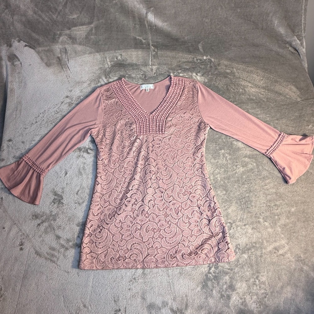 Shannon Ford New York Mauve Lace Tunic Top Size Small Bell Sleeve Boho - Picture 6 of 8